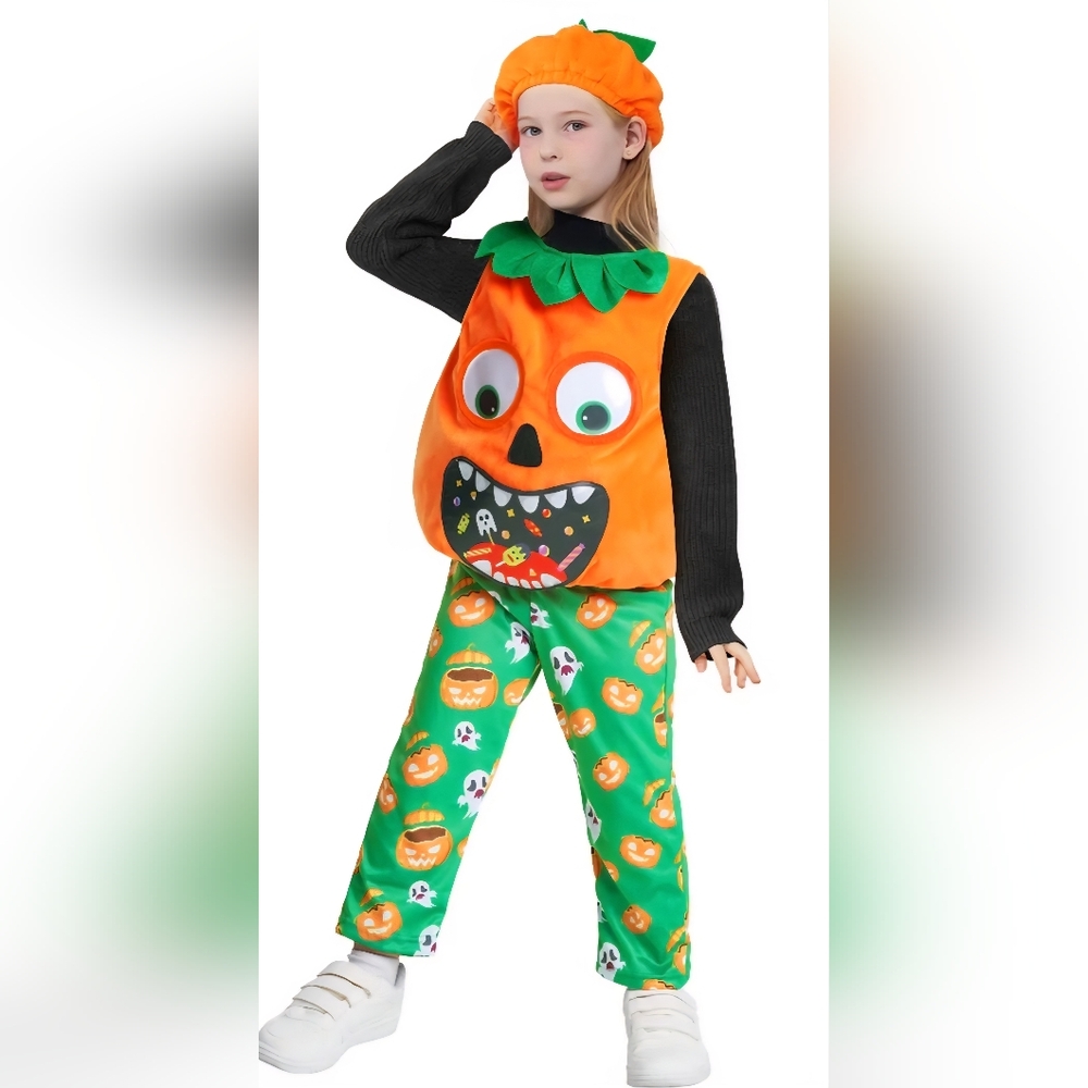 Playful 3 Piece Pumpkin Costume for Kids - Orange and Green Sz 4-6 Yrs